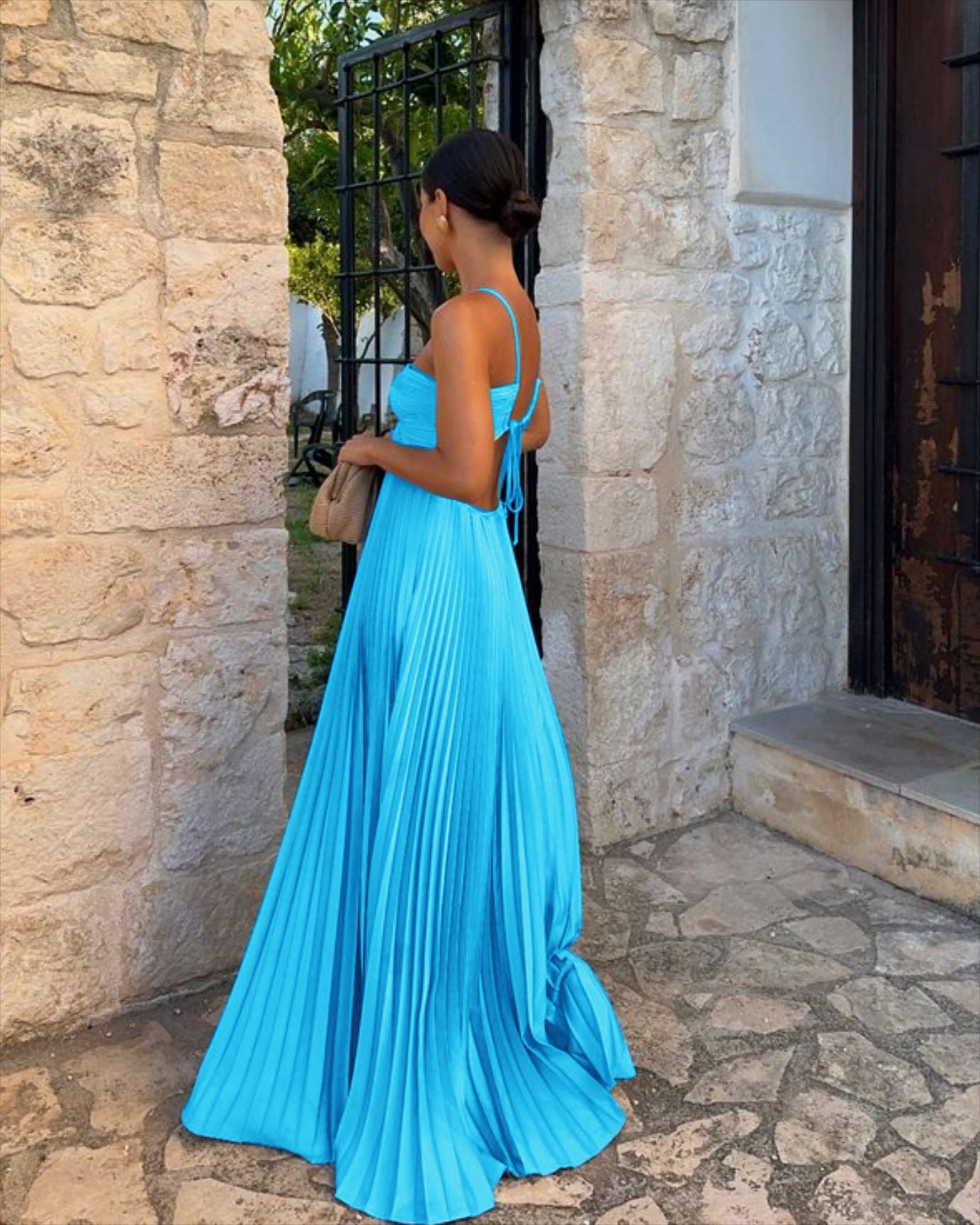 Vestido plisado sin mangas para mujer, de talle alto y espalda descubierta