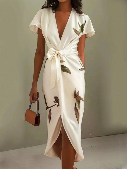 Robe Midi Portefeuille Élégante en Satin Femme – Imprimé Floral Manches Courtes