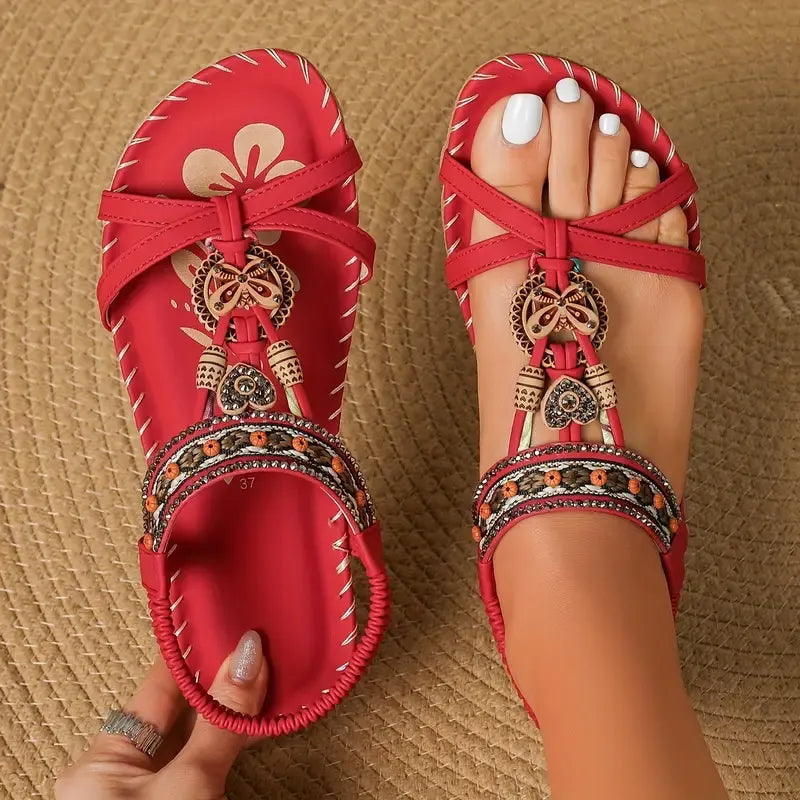 Sandales Élégantes Femme à Strass – Style Bohème Perlé et Brodé
