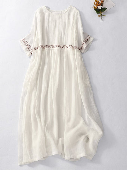 Robe Maxi Décontractée en Lin Blanc Brodé Pour Femmes – Été, Tenue de Plage