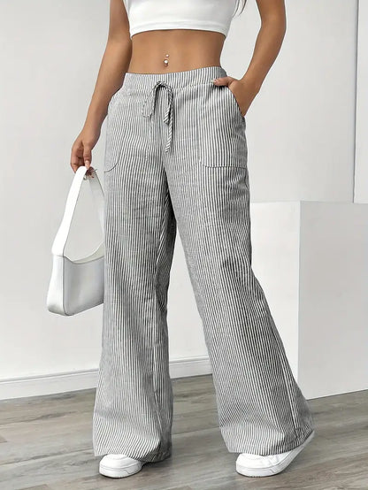 Pantalon large décontracté à rayures pour femme, élégant et décontracté – Pantalon d'été léger et respirant avec poches