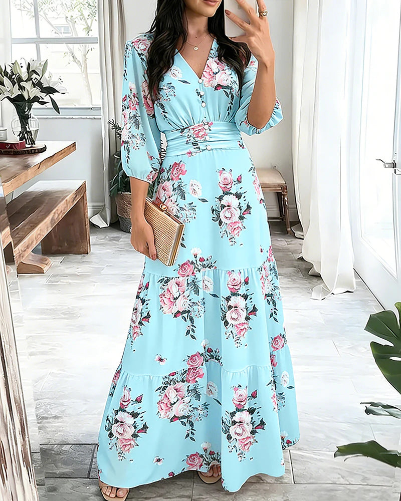 Vestido de mujer con volantes superpuestos y mangas tres cuartos - Elegante y favorecedor