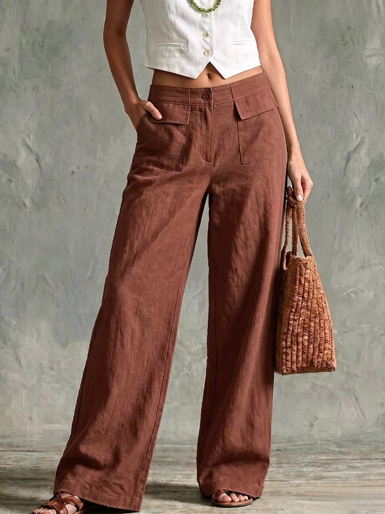 Pantalon femme uni ample a taille elastique decontractee