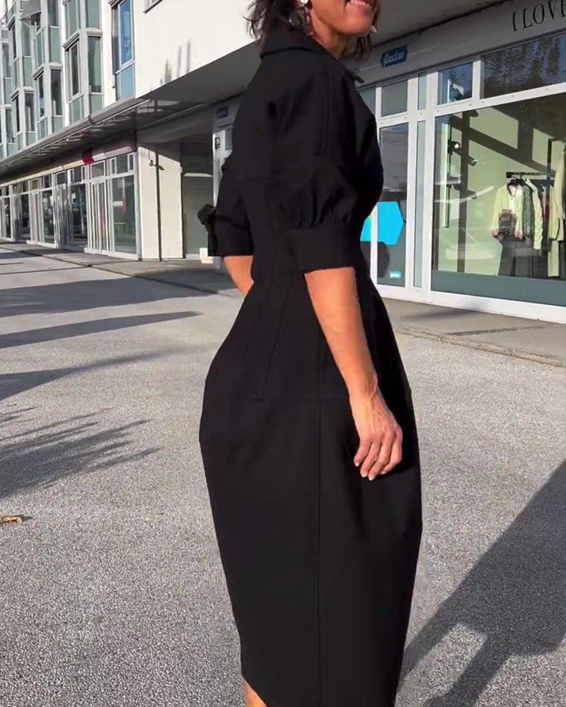 Robe Midi Femme à Col et Décolleté V – Coupe Élégante et Décontractée avec Poches pour un Confort Quotidien