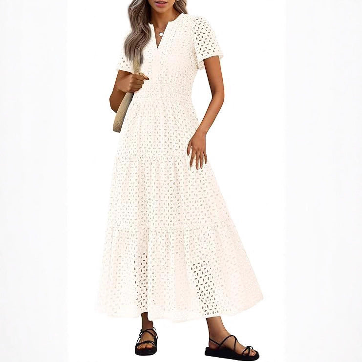 Robe Longue Fluide de Vacances à la Plage pour Femme – Style Col en V à Manches Courtes Eyelet