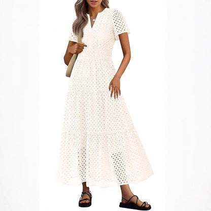 Robe Longue Fluide de Vacances à la Plage pour Femme – Style Col en V à Manches Courtes Eyelet