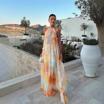 Robe maxi imprimée femme – Col halter et dos nu pour l’été