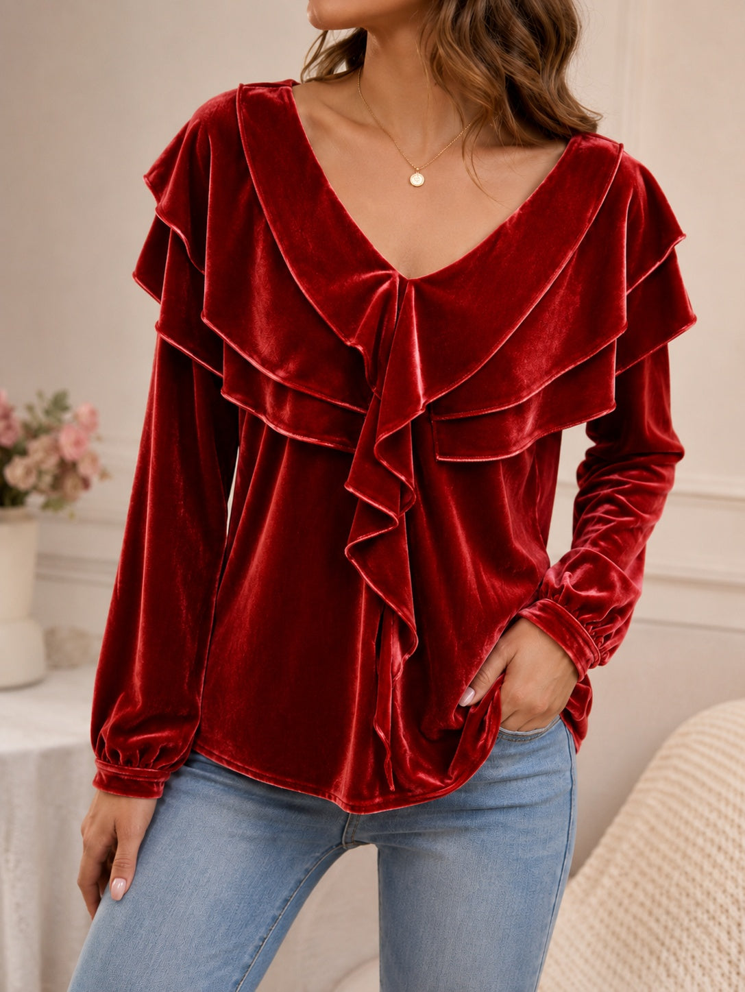 Women's Velvet Top with V-Neck and Ruffles – Elegant, Chic, Feminine Style