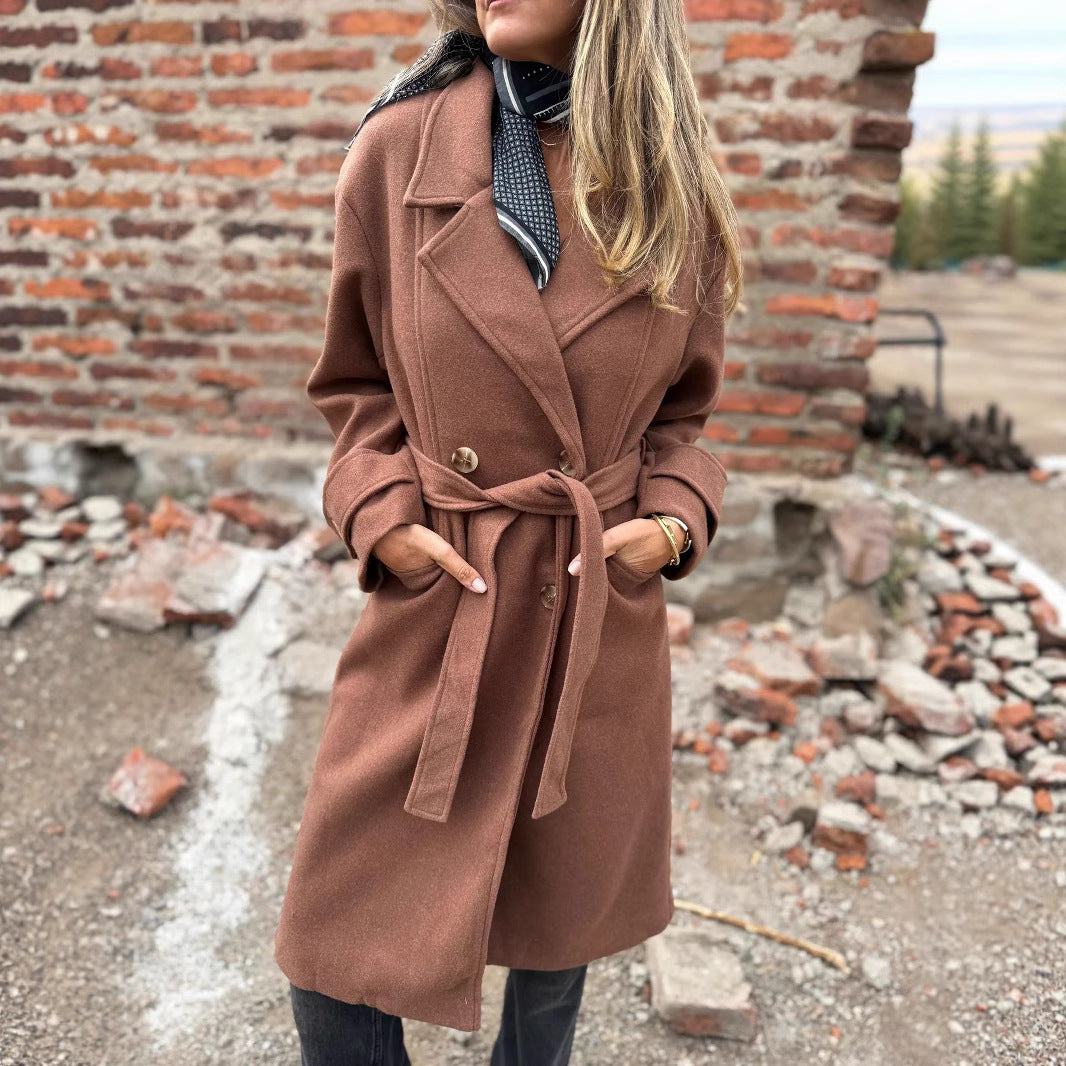 Cardigan-cappotto da donna con lacci – Giacca casual a maniche lunghe in misto lana, con revers e tasche