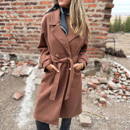 Cardigan-cappotto da donna con lacci – Giacca casual a maniche lunghe in misto lana, con revers e tasche