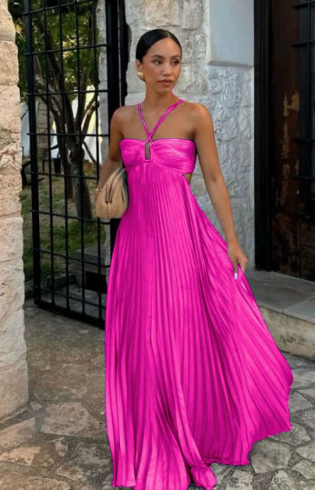 Vestido de mujer plisado sin mangas con cuello halter - Elegante para la noche