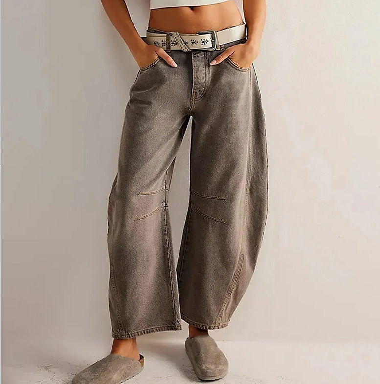 Jean Barrel Large Jambe Large Taille Moyenne Stretch Femme – Denim Décontracté Baggy