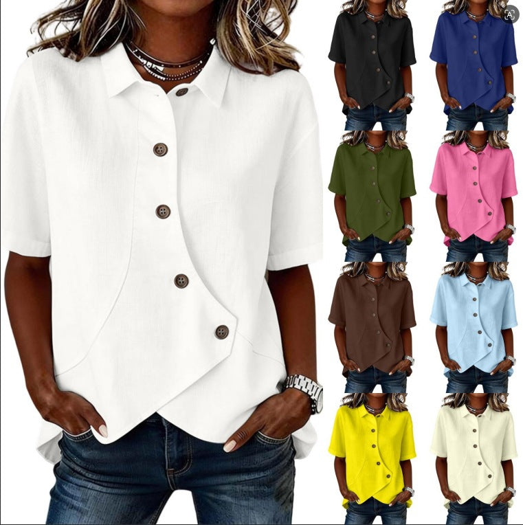 Camicia da donna tinta unita con chiusura asimmetrica e maniche corte