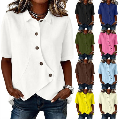 Camicia da donna tinta unita con chiusura asimmetrica e maniche corte