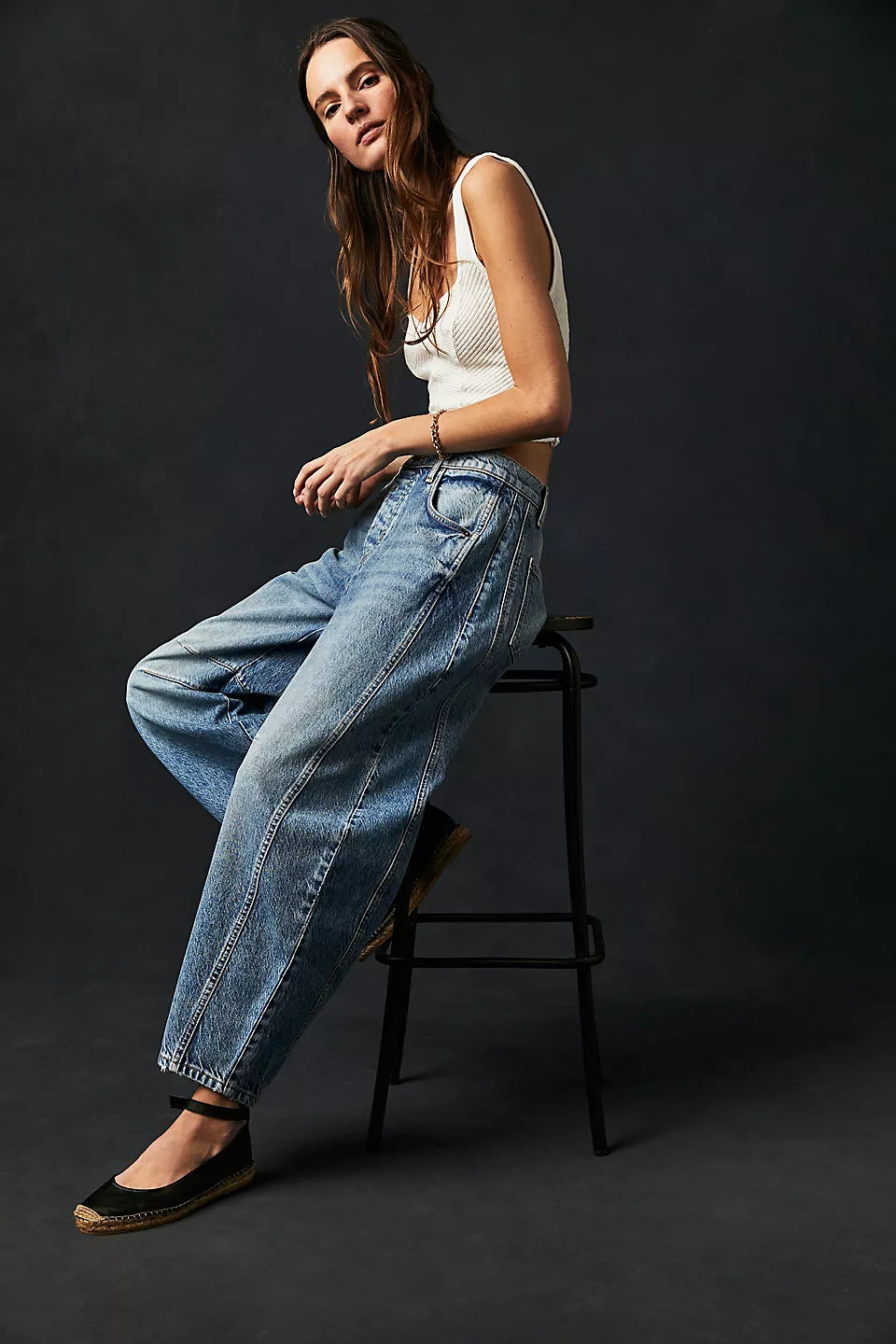 Jean Barrel Large Jambe Large Taille Moyenne Stretch Femme – Denim Décontracté Baggy