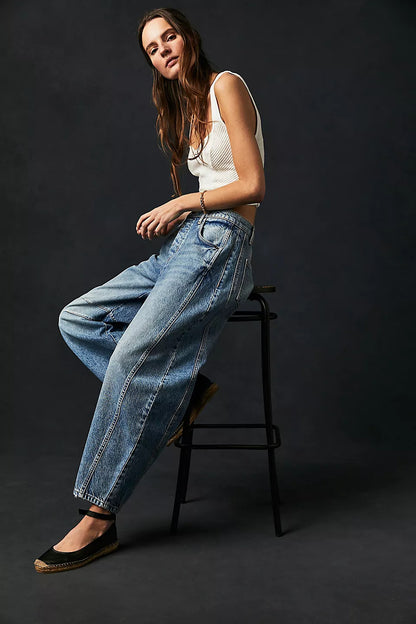 Jean Barrel Large Jambe Large Taille Moyenne Stretch Femme – Denim Décontracté Baggy