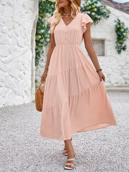 Robe élégante à col en V et manches à volants pour femme