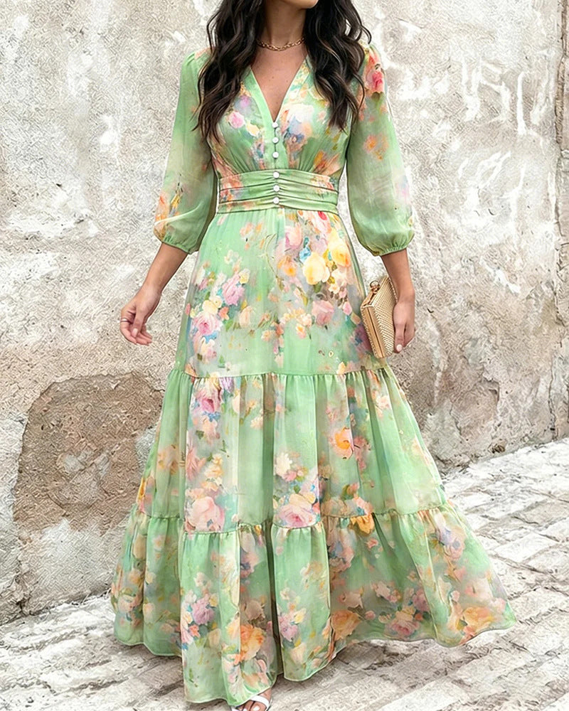 Vestido de mujer con volantes superpuestos y mangas tres cuartos - Elegante y favorecedor