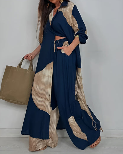 Ensemble deux pièces femme – Chemise boutonnée à col et pantalon large taille haute coordonné