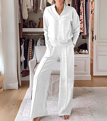 Ensemble Lounge Moderne Deux Pièces Femme – Haut Col V Manches Longues et Pantalon Large