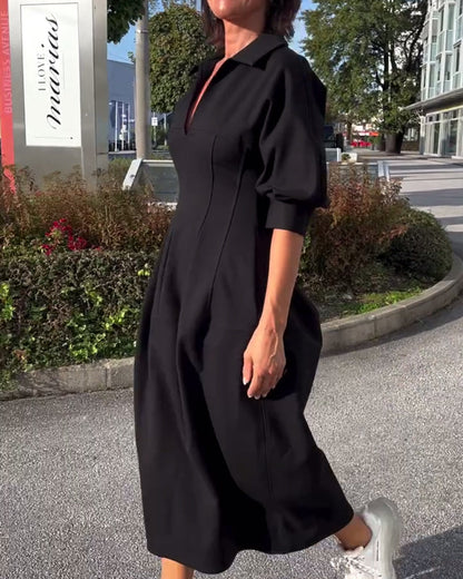 Robe Midi Femme à Col et Décolleté V – Coupe Élégante et Décontractée avec Poches pour un Confort Quotidien