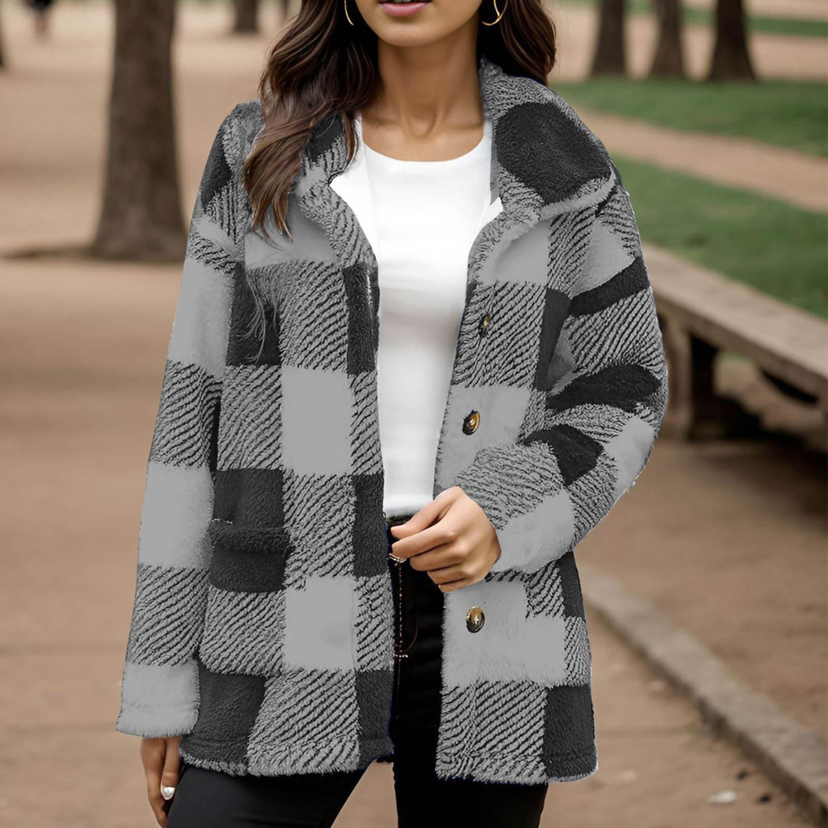 Women's plaid plush coat - Warm and practical