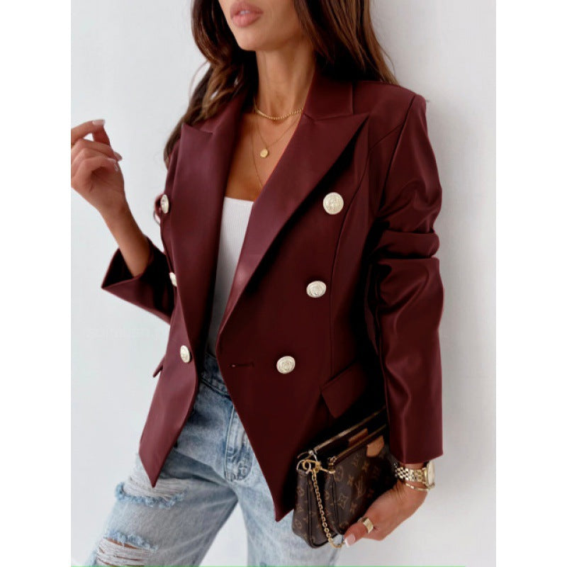 Blazer da donna a maniche lunghe in pelle sintetica, doppiopetto – Stile chic, elegante, casual e raffinato