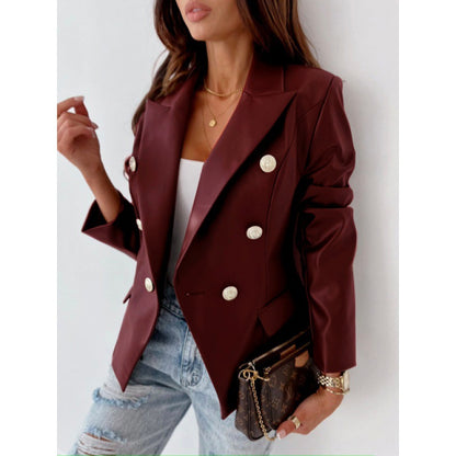 Blazer da donna a maniche lunghe in pelle sintetica, doppiopetto – Stile chic, elegante, casual e raffinato