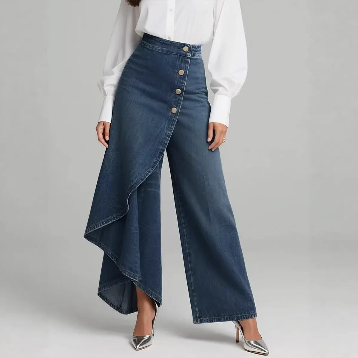 Pantalon faux jean droit unique pour femmes – Pantalon mode avec boutons à volants