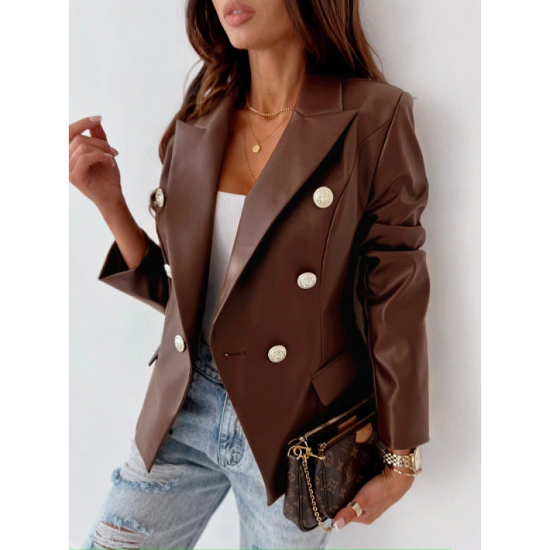 Blazer da donna a maniche lunghe in pelle sintetica, doppiopetto – Stile chic, elegante, casual e raffinato
