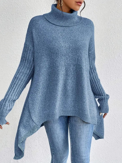 Pull Col Roulé Irrégulier pour Femmes – Pull Tricoté Ample à Manches Longues