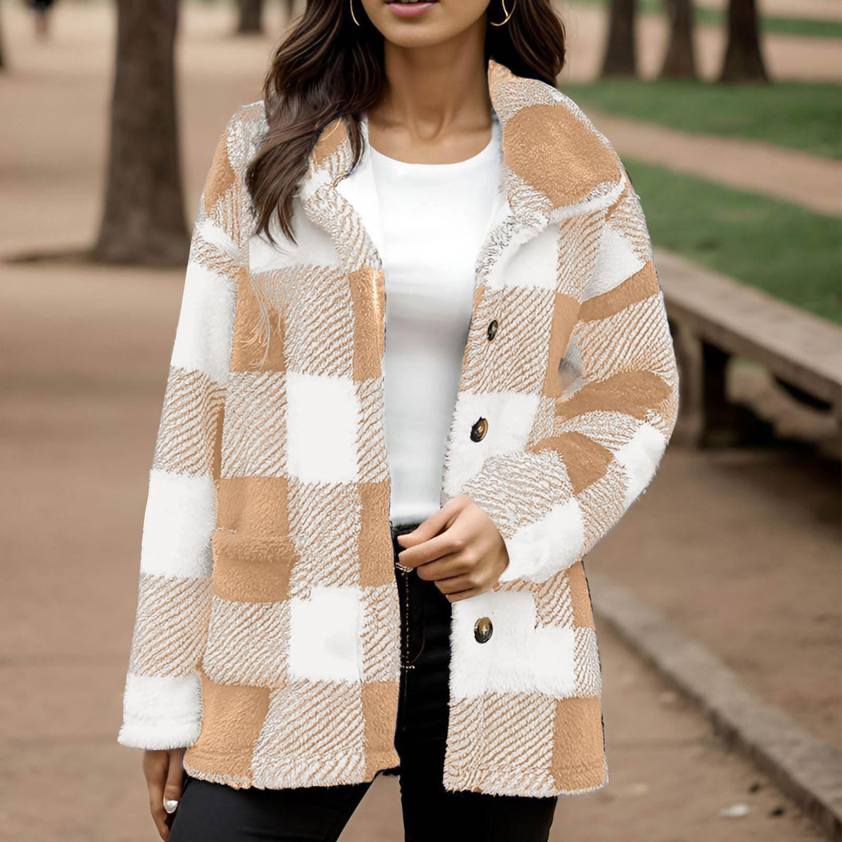 Women's plaid plush coat - Warm and practical