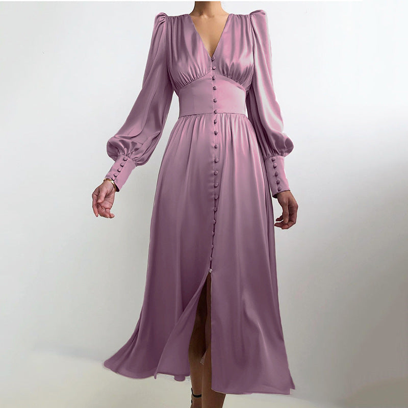 Robe Mi-Longue Élégante en Satin – Manches Bouffantes Boutonnée
