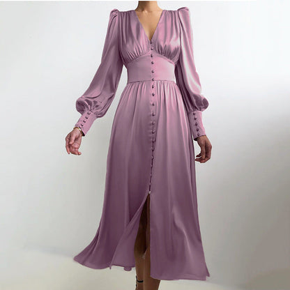 Robe Mi-Longue Élégante en Satin – Manches Bouffantes Boutonnée