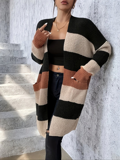 Women's long color-block cardigan - Modern and comfortable