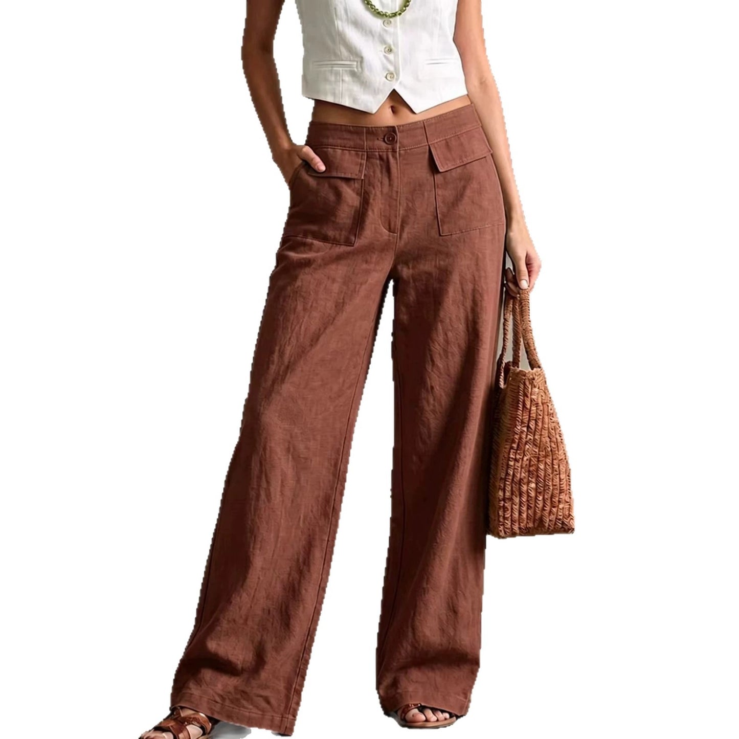 Pantalon femme uni ample a taille elastique decontractee