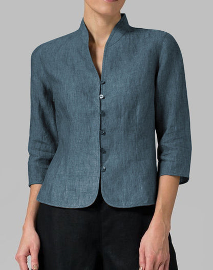 Blouse Ajustée Élégante à Boutons Femme – Col Montant en V avec Manches 3/4