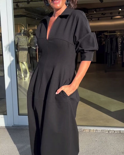 Robe Midi Femme à Col et Décolleté V – Coupe Élégante et Décontractée avec Poches pour un Confort Quotidien