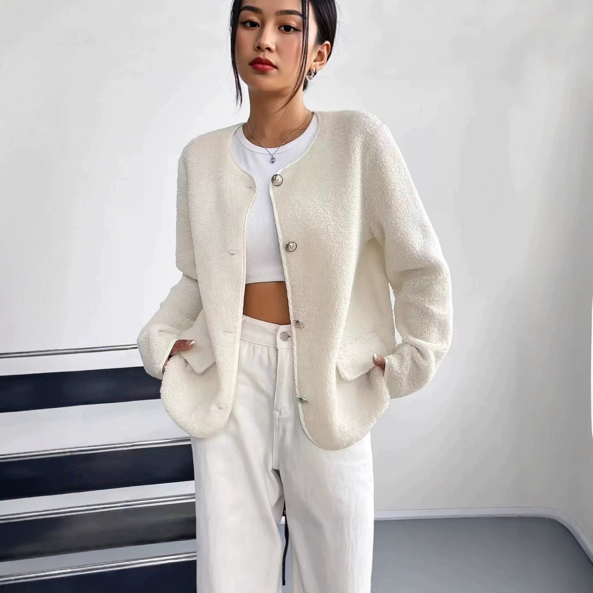 Cappotto in lana testurizzata da donna per taglie forti, ispirato a Chanel – Stile classico ed elegante