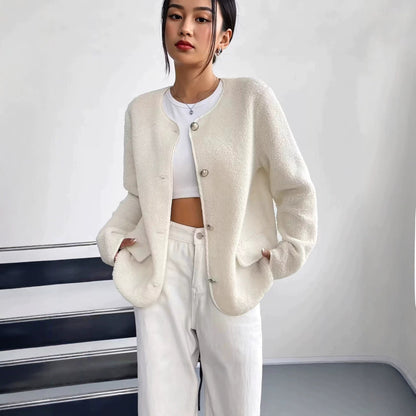 Cappotto in lana testurizzata da donna per taglie forti, ispirato a Chanel – Stile classico ed elegante