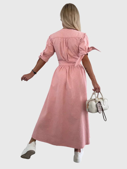 Robe Maxi Denim Élégante Col V – Robe A-Line Boutonnée Stylée