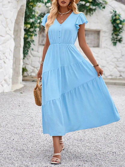 Robe élégante à col en V et manches à volants pour femme