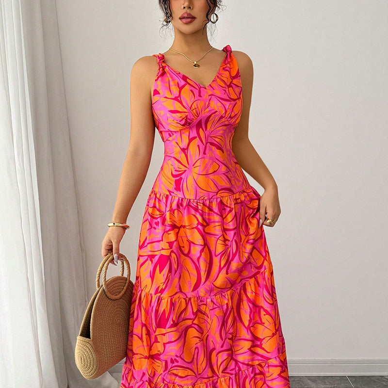 Robe longue d’été femme – Sans manches avec imprimé tropical