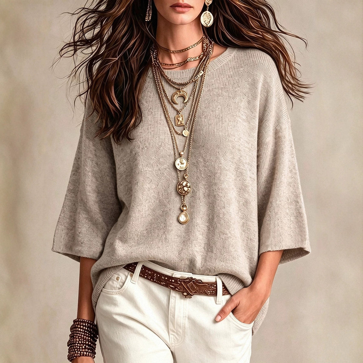 Jersey holgado de mujer - Con mangas anchas y cuello redondo