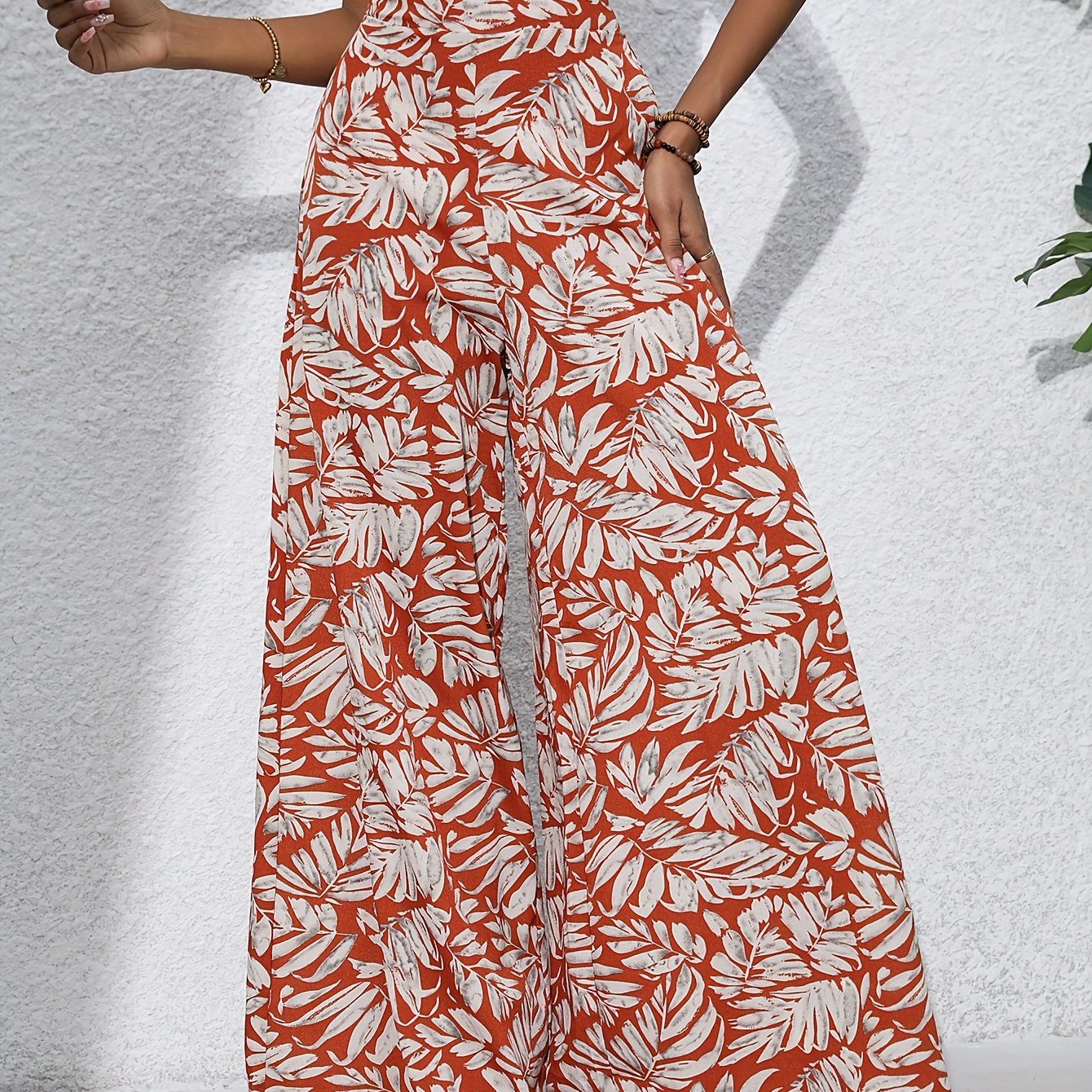 Pantalon large en coton imprimé floral bohème pour femmes - Taille haute, ceinture élastique, pantalon long de plage pour vacances d'été, style décontracté élégant