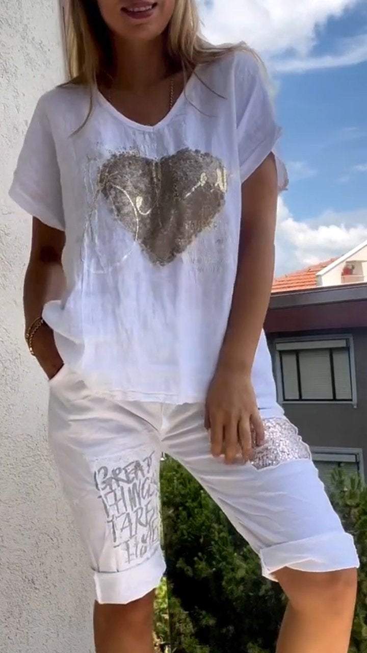 Ensemble Décontracté Deux Pièces à Décolleté en V avec Embossage Doré pour Femme