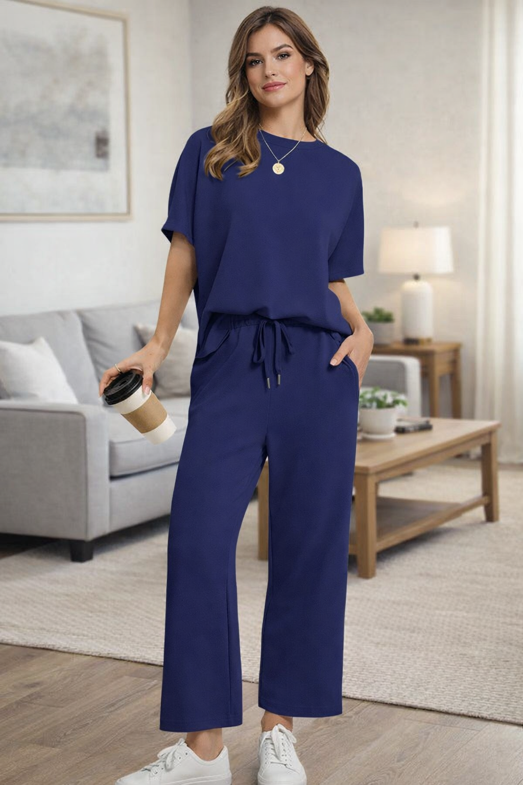Ensemble Lounge Décontracté Moderne Femme Élégant – Confort Deux-Pièces en Tricot Nid d’Abeille