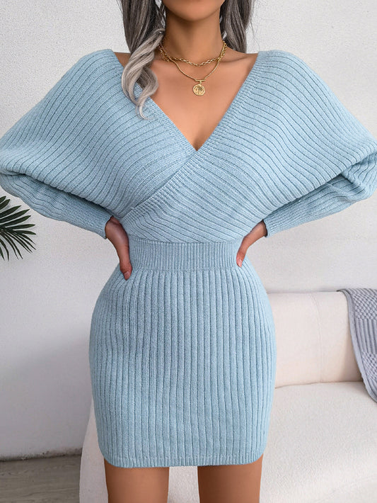 Robe pull femme moulante a col V croise