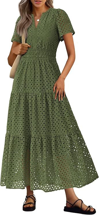 Robe Longue Fluide de Vacances à la Plage pour Femme – Style Col en V à Manches Courtes Eyelet