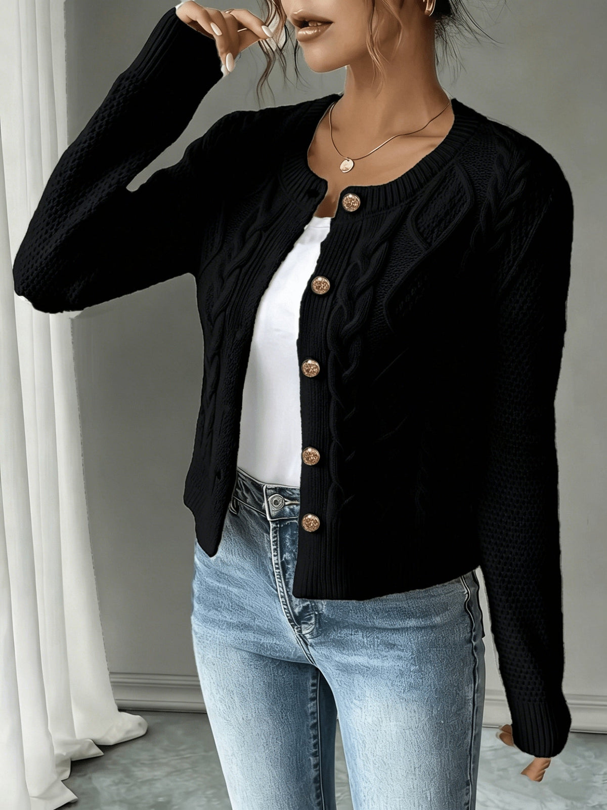 Cárdigan de punto trenzado para mujer con botones - Elegante y suave